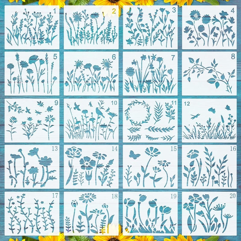 Resflyar 20 PCS Wildflower Stencils for Painting, 6 x 4.7 Inch Reusable Plastic Plant Templates for Painting on Wood Wall, Flowers Leaf Stencils Set for Rock Canvas Drawing Art Tile Home DIY Craft Decor - Image 1